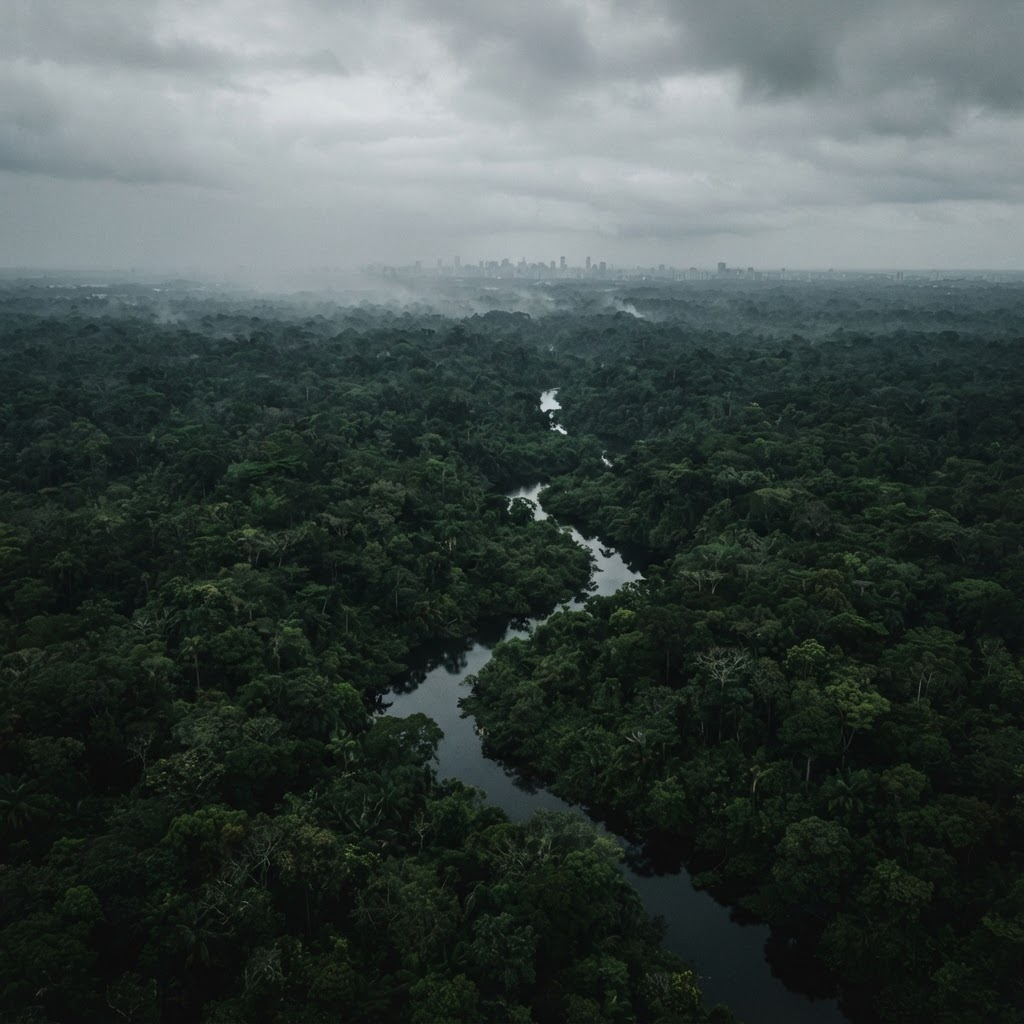 Aerial view of dense forest canopy meeting a distant city skyline through morning haze