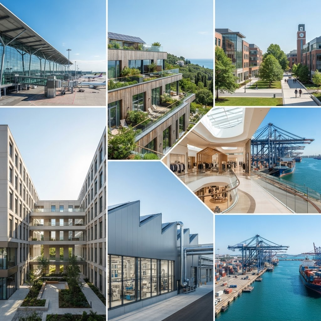 Collage of airport, healthcare, manufacturing, port and education infrastructure