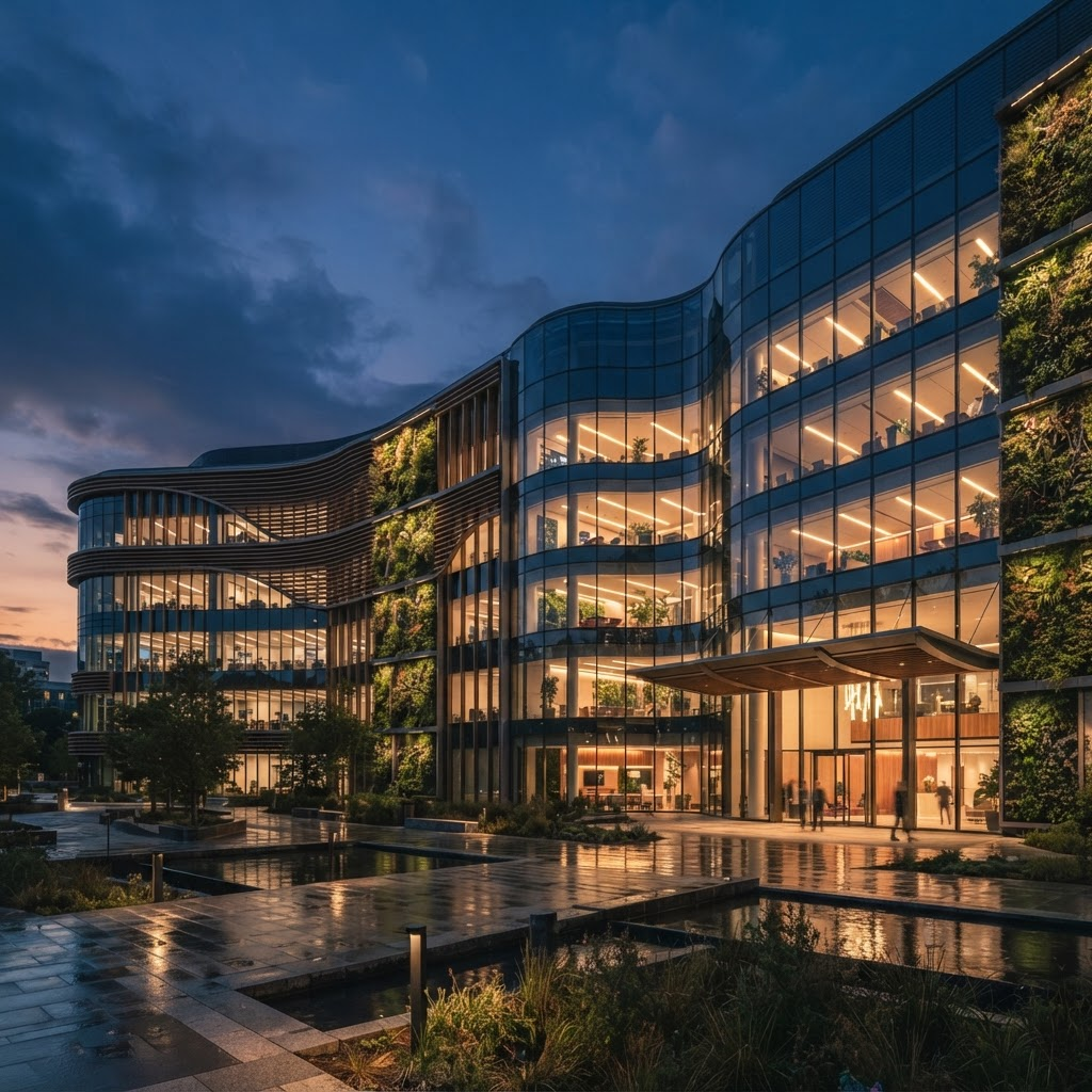 Modern sustainable corporate headquarters illuminated at blue hour
