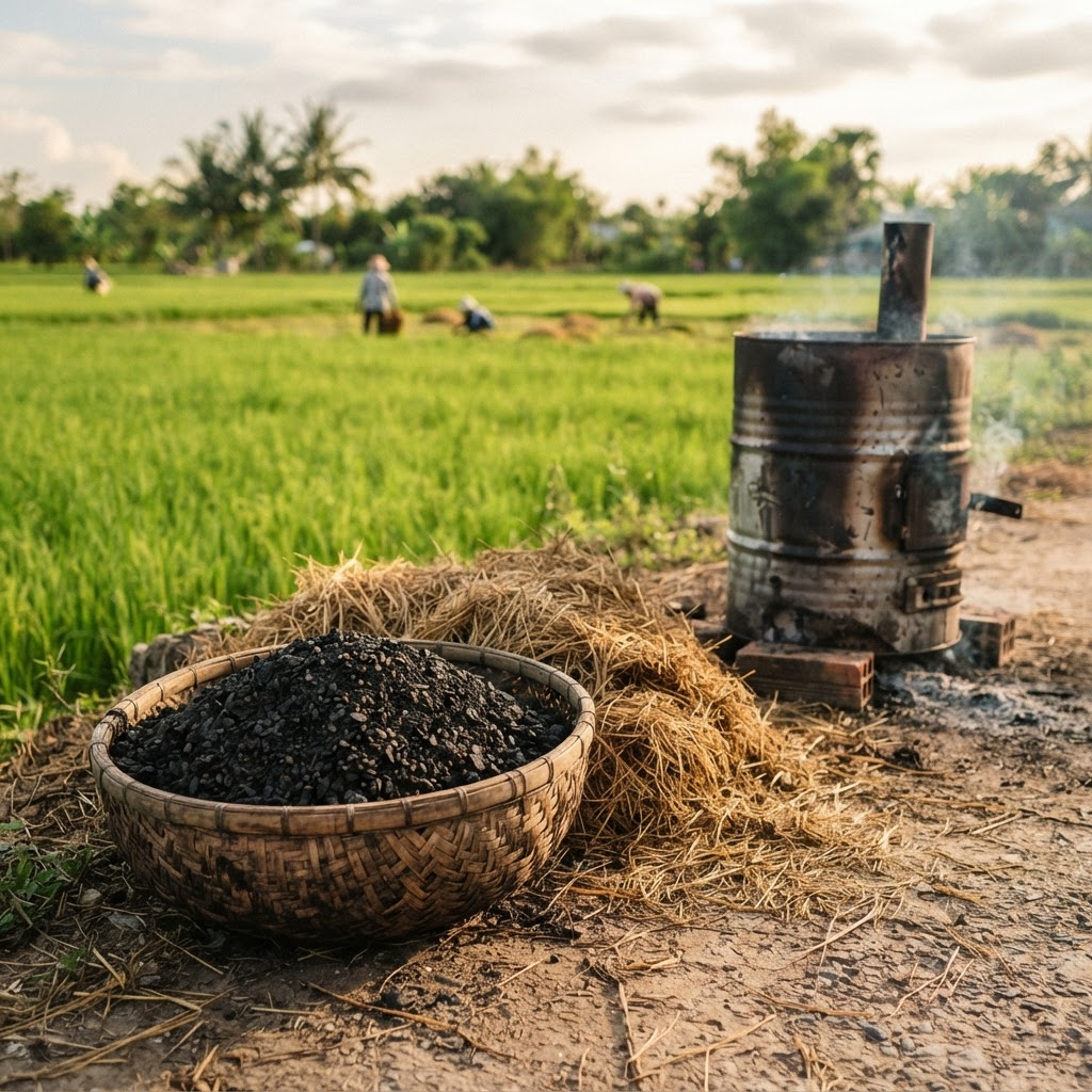 Granular biochar in a woven basket beside rice straw residue