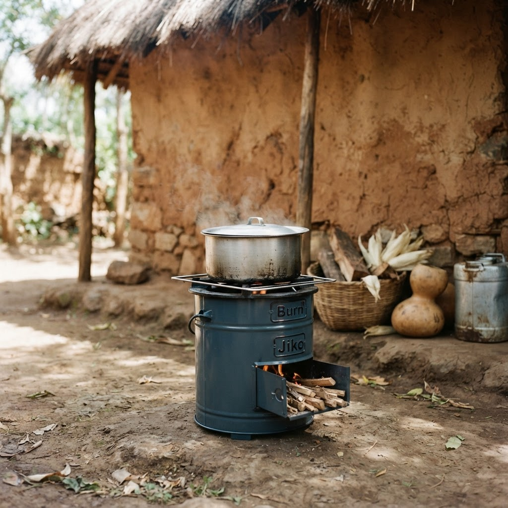 Efficient metal cookstove in a rural home courtyard