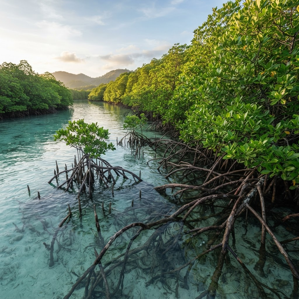Restored mangrove forest with root systems in shallow tidal water