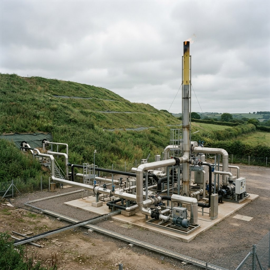 Landfill gas recovery facility with capture pipework and flare stack