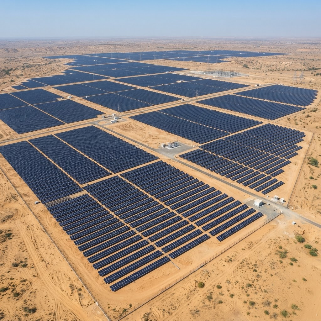 Aerial view of rows of solar panels across arid terrain