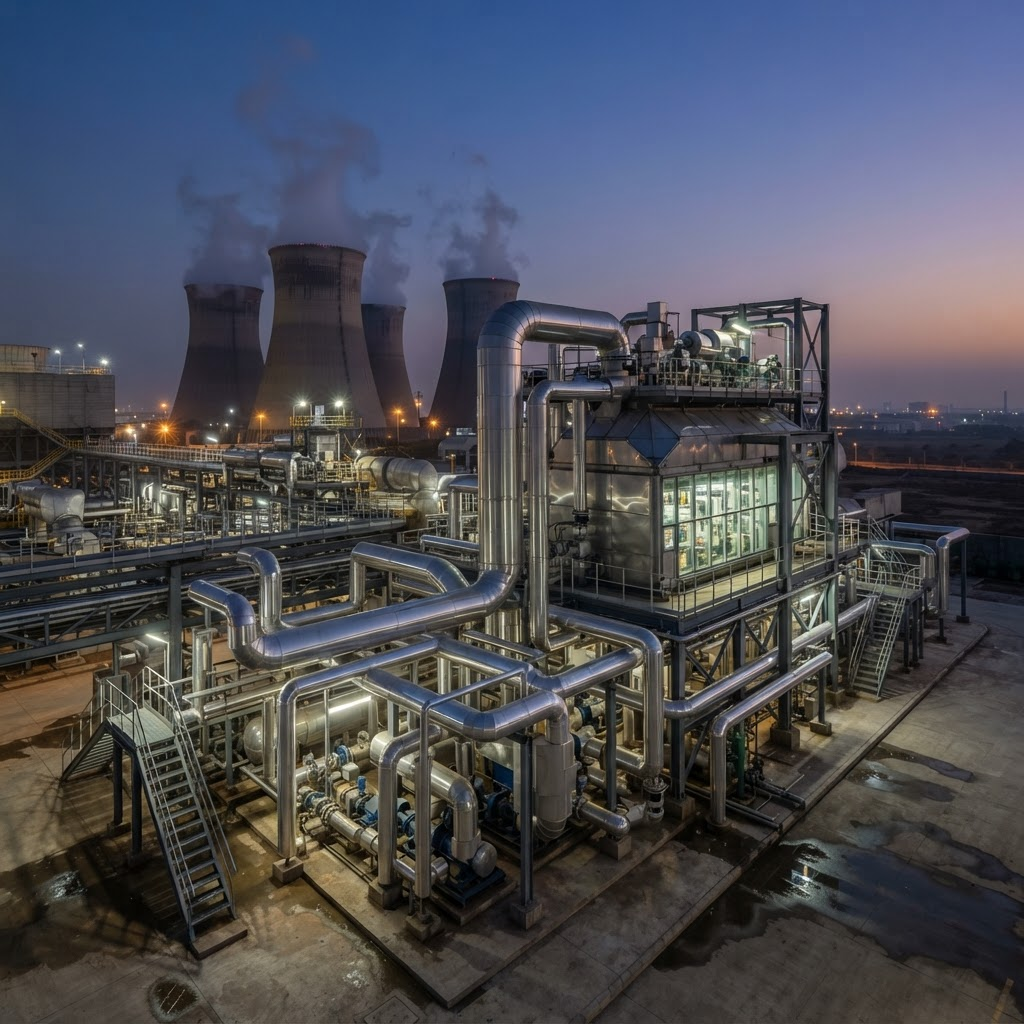 Modern industrial waste heat recovery plant with steel pipework