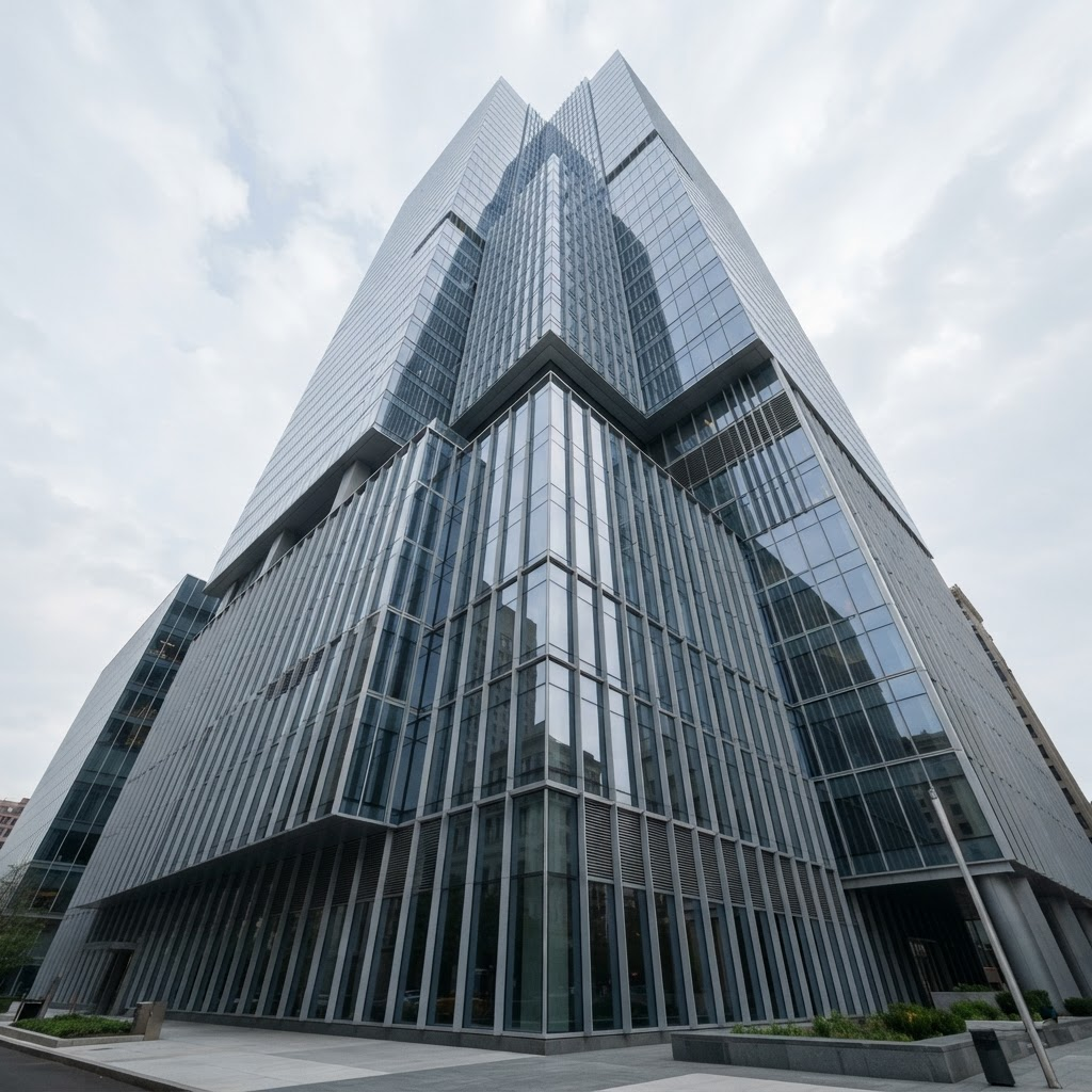 Modern glass banking headquarters tower seen from below
