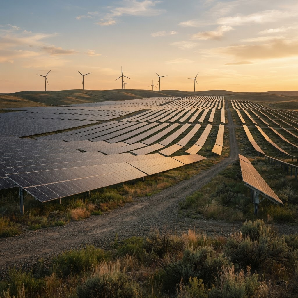 Utility-scale solar farm at golden hour with wind turbines on the ridge behind