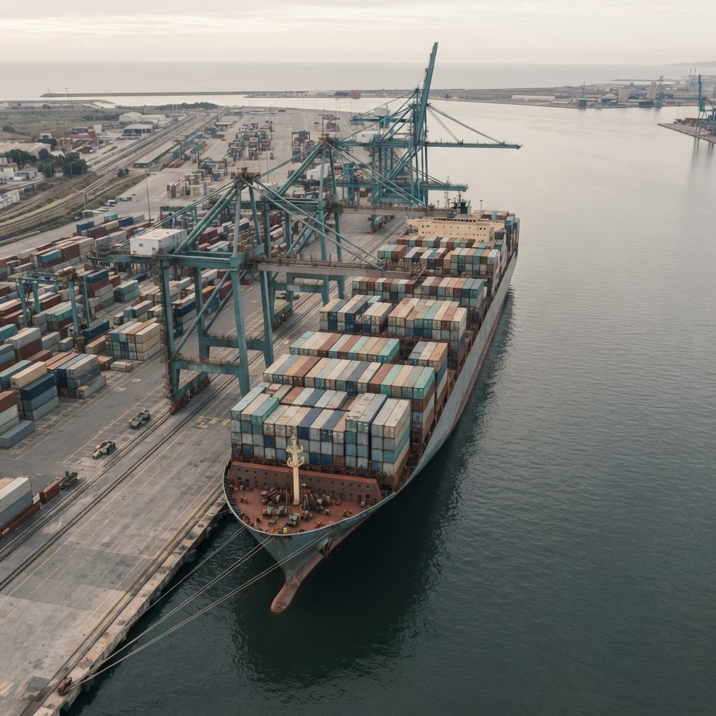 Aerial view of a container ship berthed at a port terminal beside gantry cranes