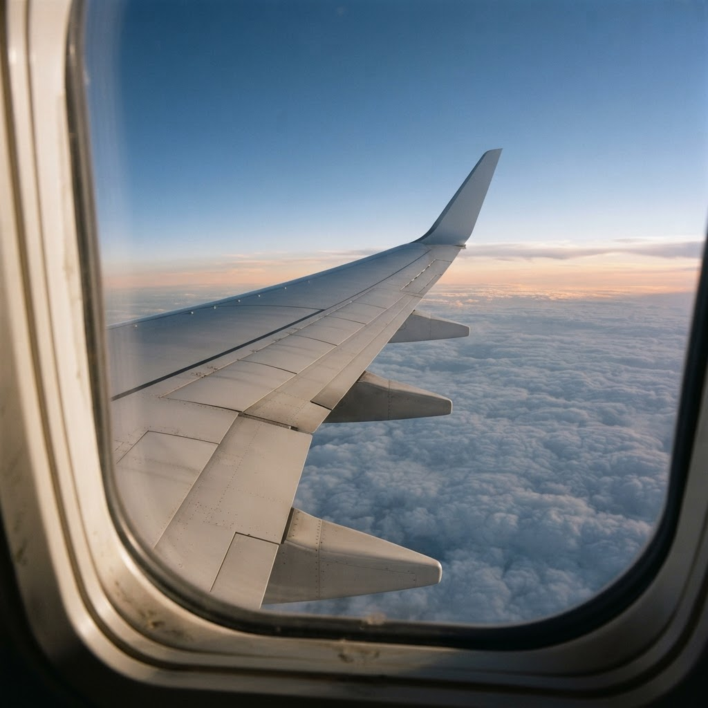 Commercial aircraft wing above a soft layer of clouds at altitude